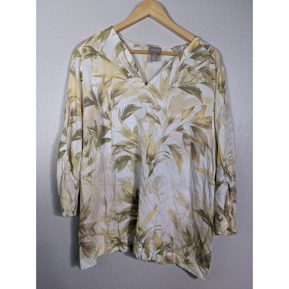 Chicos Shirt Womens XL Sz 3  3/4‎ Sleeve Slub V-Neck Tee Floral Hawaiian 101